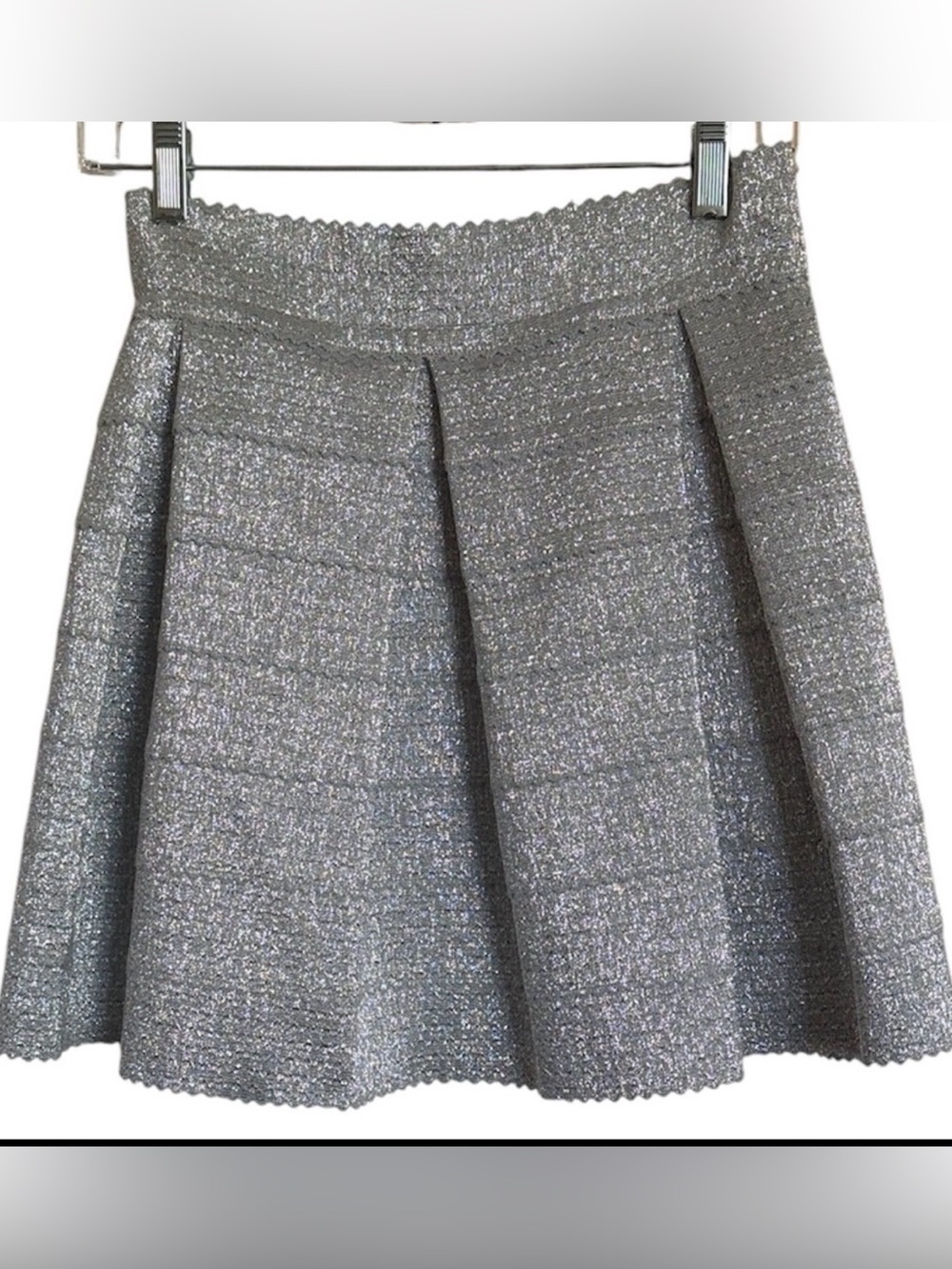PARKER Women's Silver Sparkly Metallic A-Line Flare Scallop Mini Skirt Large